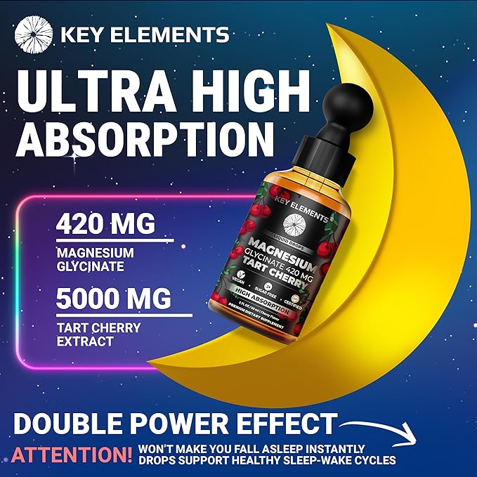 Liquid Magnesium Glycinate 420 Mg with Natural Tart Cherry Extract | Magnesium Glycinate Drops Supplement for Sleep, Mood & Mobility Support | Tart Cherry Extract