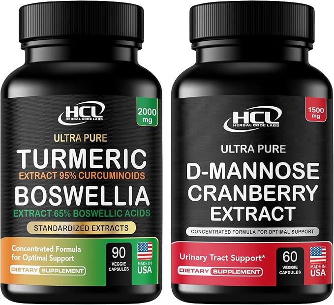 Turmeric Boswellia Extract Supplement 2000 mg + D-Mannose with Cranberry Extract Capsules 1500mg – High Potency USP Grade D-Mannose Supplement with Whole Fruit Cranberry Powder – Urinary Tract Support