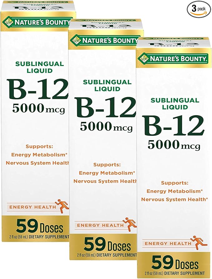 Nature's Bounty Vitamin B12 5000 mcg Sublingual Liquid,Cardiovascular Health & Cellular Energy Support,2 Fl Oz,(Pack of 3)