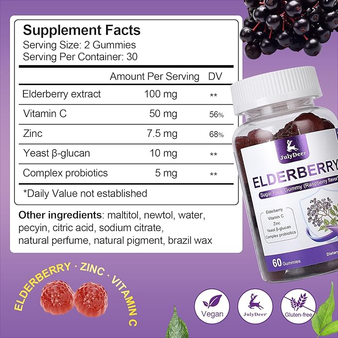 120 Gummies Sambucus Elderberry Gummies - Immune Support for Adults and kids 4+ 5 in 1 with Vitamin C, Zinc, Yeast β-glucan, Probiotics Complex, Nature Elderberry Supplement, Non-GMO, Gluten Free