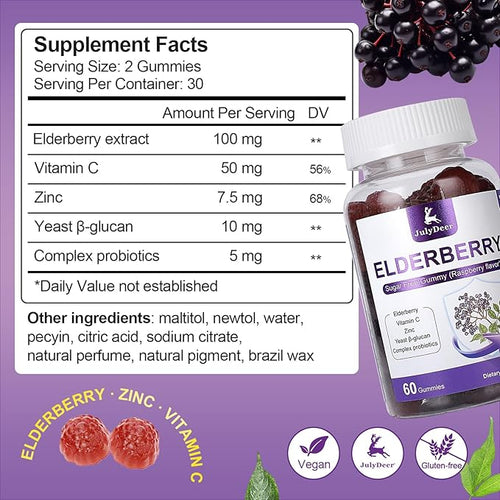 120 Gummies Sambucus Elderberry Gummies - Immune Support for Adults and kids 4+ 5 in 1 with Vitamin C, Zinc, Yeast β-glucan, Probiotics Complex, Nature Elderberry Supplement, Non-GMO, Gluten Free