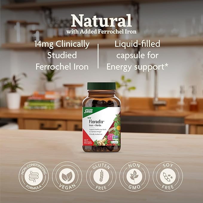 Floradix Iron + Herbs - Iron Supplement for Healthy Energy Support* - Supports Red Blood Cell Formation - Vegan, Non-GMO, Gluten-Free, Soy-Free - 120 Liquid Phyto-Caps