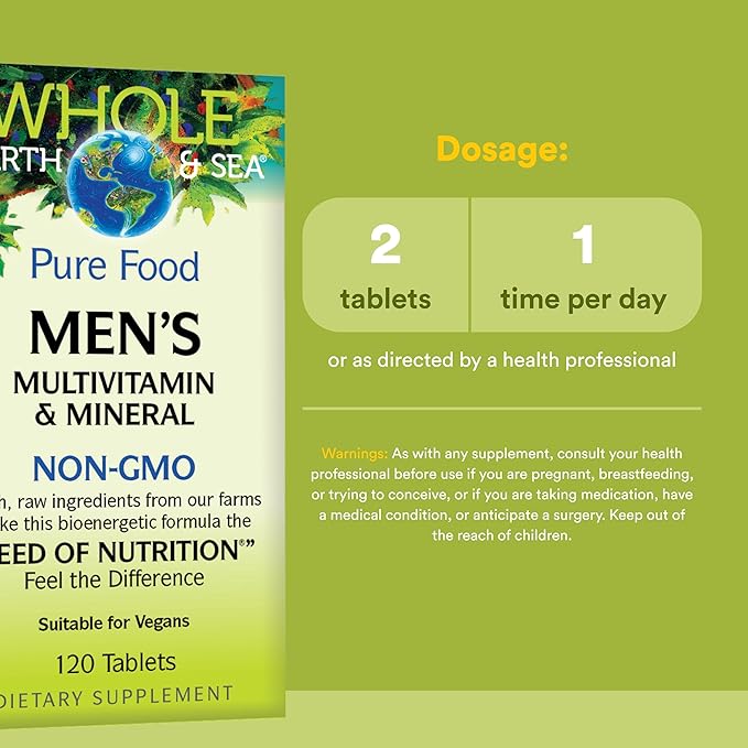 Natural Factors Whole Earth & Sea Men's Multivitamin & Mineral - Daily Health Supplement for Men Under 50 - Vegan, Non-GMO & Gluten-Free - 120 Tablets (60 Servings)