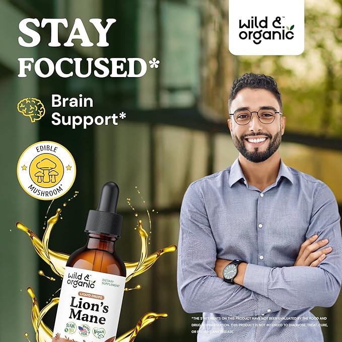 Wild & Organic Lions Mane Liquid Drops - Focus & Brain Support - Lions Mane Supplement - Hericium Erinaceus Mushroom Extract Tincture - Mix with Powder & Add to Tea - Alcohol & Sugar-Free - 2 fl oz