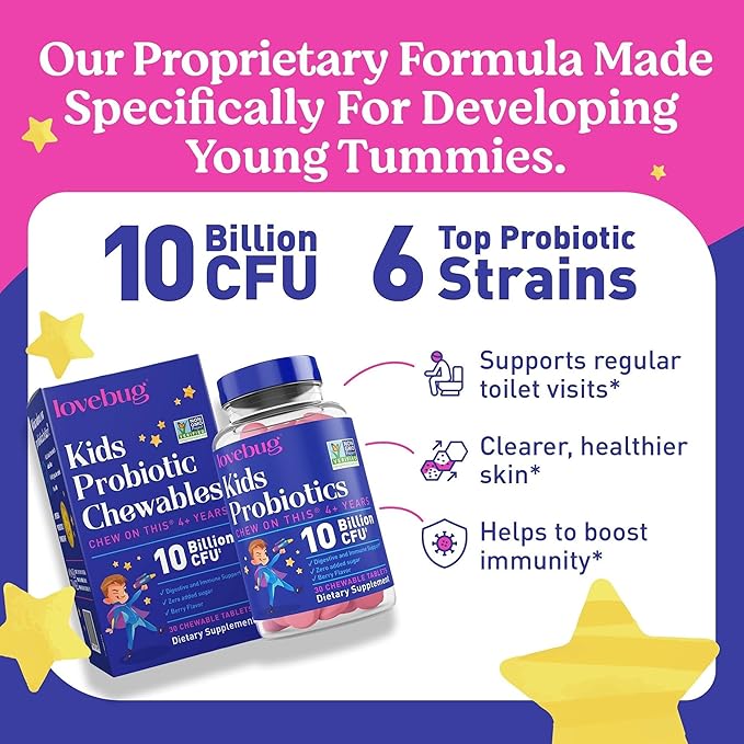 LOVEBUG Probiotics for Kids – Probiotic Chewables with Prebiotic Fiber for Age 4+, Daily Children's Gut Health, Constipation, Digestive & Immune Support Supplement, Sugar-Free Berry Flavor, 60 ct