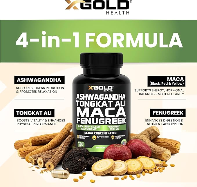 Ashwagandha 30:1 + Tongkat Ali 100:1 + Maca Root 20:1 + Fenugreek 10:1 Extract Supplement for Men & Women | High Potency Herbal Complex | Energy, Vitality & Performance Support | Made in USA