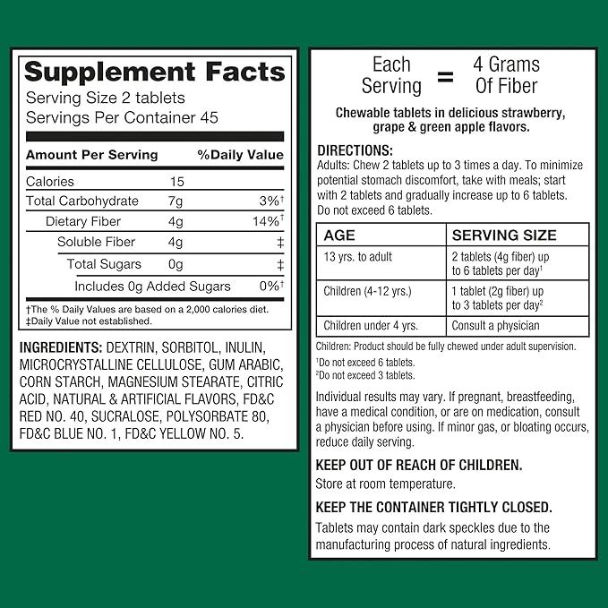 Daily Fiber Supplement Chewable Tablets – 90 Count, Sugar-Free Chews for Women and Men, High Fiber Content, Assorted Fruit Flavors, Chewable Tablets for Adults. (Pack of 1)