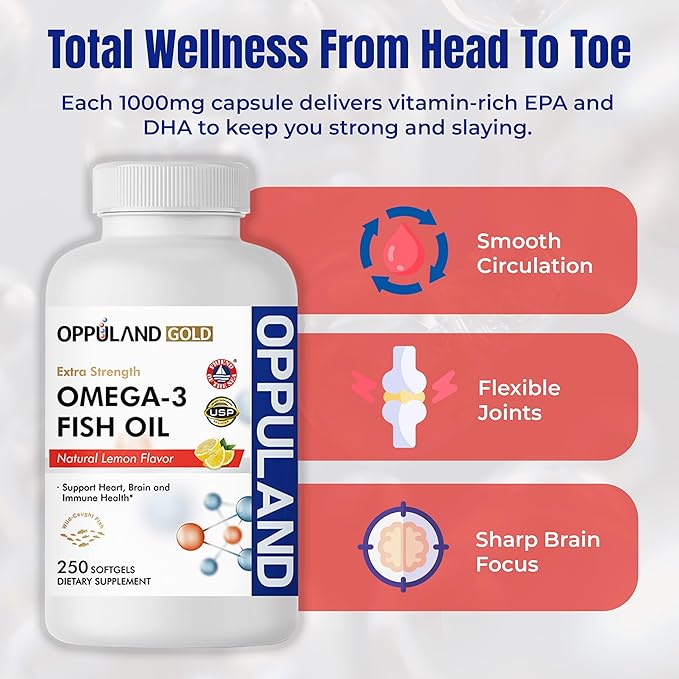 Omega 3 Fatty Acids Fish Oil Supplement - Triple Strength - 1000 mg Encapsulations with EPA 165 mg & DHA 105 mg for Heart, Brain & Joint Care - Burpless Omega3 - Lemon Flavor - 250 Softgels