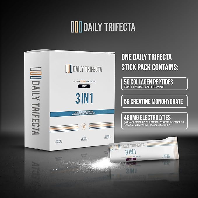 DAILY TRIFECTA 3-in-1 Collagen, Creatine & Electrolyte Stick Packs | Type I Collagen, Creatine Monohydrate, Zero Sugar | 30 Natural Single-Serve Packets | Strength, Hydration & Recovery (Grape)