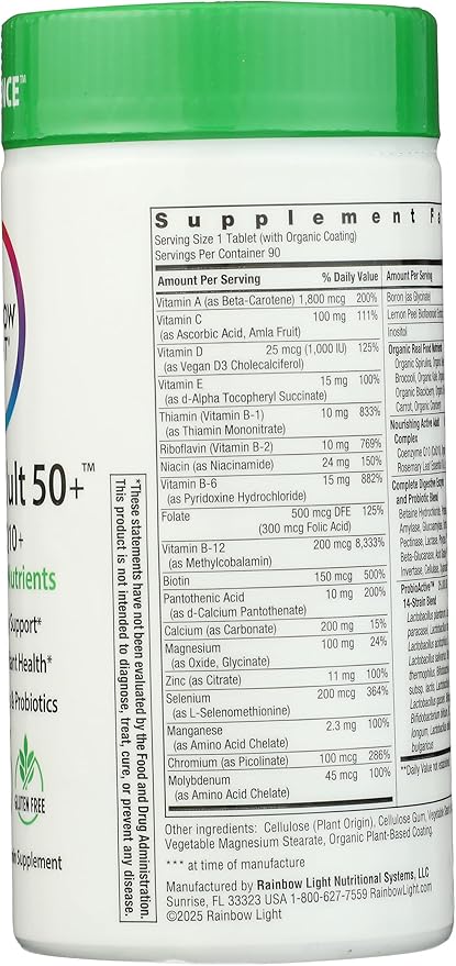 Rainbow Light Adult Multivitamin, Vitamins C & Zinc, B Complex & Choline, Calcium & Vitamin D Supports Bone Health, Energy & Immune Support, Non-GMO, Vegetarian, 90 Tablets