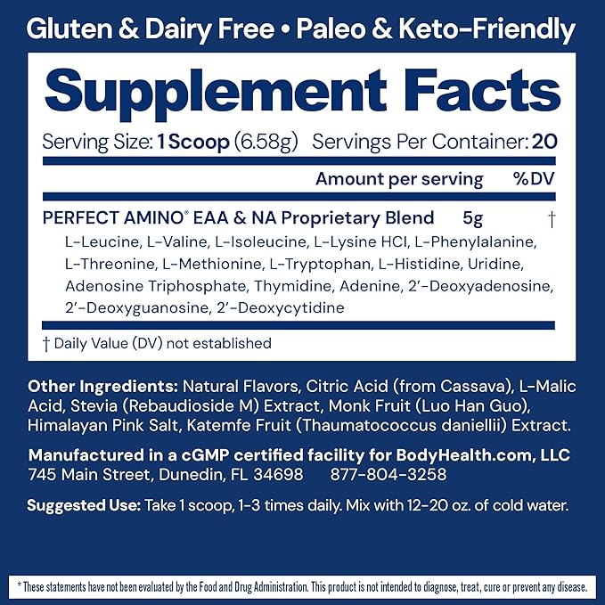 BodyHealth PerfectAmino - BCAA and EAA Powder for Pre and Post Workout - Amino Acid Energy Drink for Men and Women to Support Lean Muscle and Recovery - Mixed Berry - 20 Servings