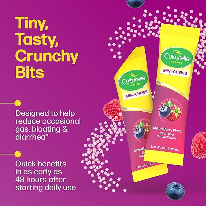 Culturelle® Complete 3-in-1 Biotics Mini-Chews Daily Probiotic for Digestive Health with Prebiotics and Postbiotics for Gut Balance, Mixed Berry Flavor, 28 Count
