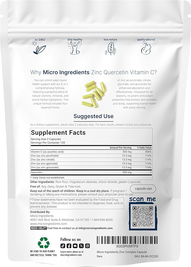 Micro Ingredients Quercetin with Vitamin C and Zinc, 240 Capsules | Quercetin 500mg, Vitamin C 500mg, Zinc 50mg (Picolinate, Citrate, Glycinate, Gluconate) | Complete Immune Support Supplements
