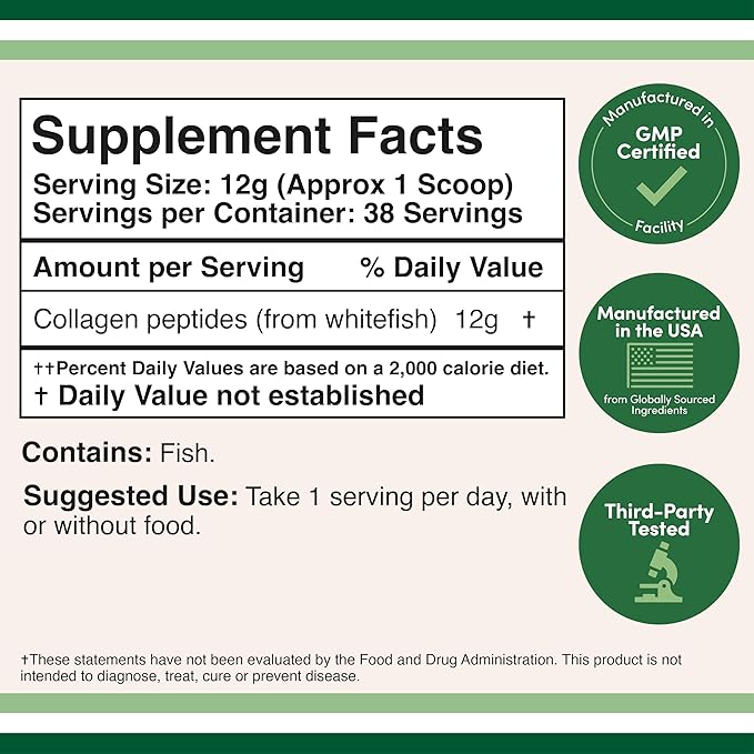 Double Wood Supplements Marine Collagen Powder (1 LB / 16 OZ of Quick Dissolve Marine Collagen Peptides) Wildcaught, Unflavored, Micronized - Scoop Included, No Fillers (38 Servings of 12 Grams Each)