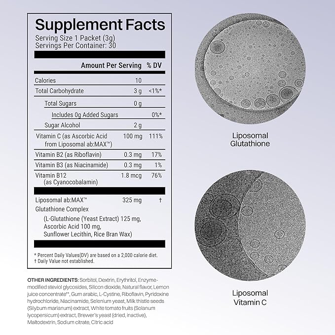 Liposomal Glutathione Powder, 125 mg L-Glutathione + 100 mg Vitamin C, Sugar-Free Lemon Packets, Antioxidant Support for Skin, Beauty & Detox Support, 30 Count (Packaging May Vary)
