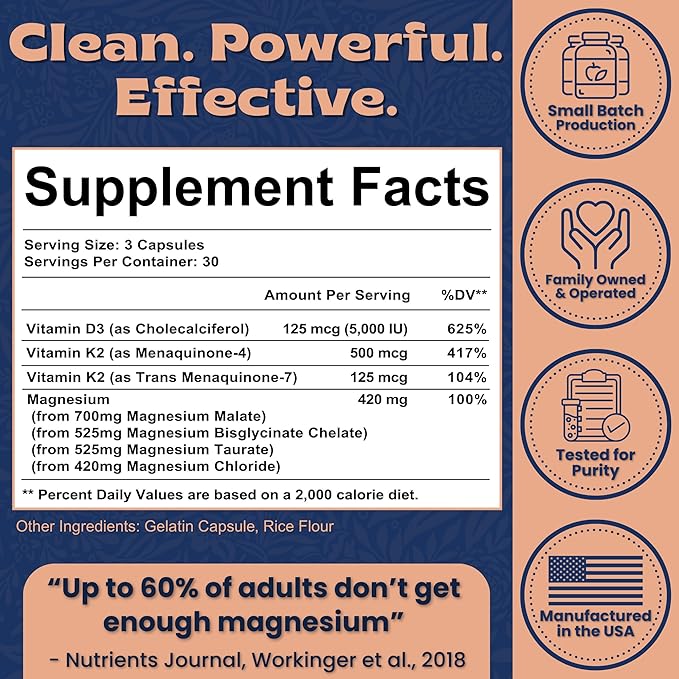 Magnesium Complex 420mg with Vitamin D3 K2 - Four Bioavailable Forms Including Bisglycinate (Glycinate), Malate, Taurate, and Chloride for Superior Absorption - 90 Capsules Made in USA