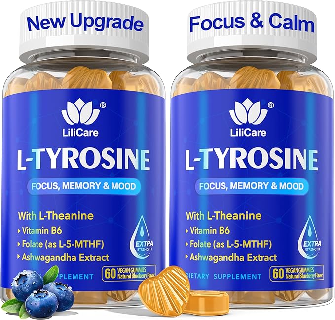 L Tyrosine Calm & Focus Supplement Gummies 1100mg for Adults, L-Tyrosine Brain Supplement Gummies w/ L-Theanine, Ashwagandha, Vitamin B6 & B9 Supplements for Memory, Mood, Relax, Energy -Vegan,120Cts