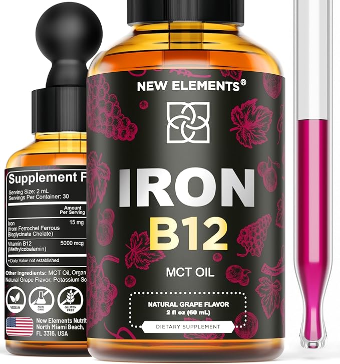 New Elements Liquid Iron Supplement for Women & Men with Vitamin B12 5000mcg - Free Blood Builder for Anemia - Liquid Vitamin B12 Drops for Adults with MCT Oil, Natural Grape Flavor, 2 Fl Oz