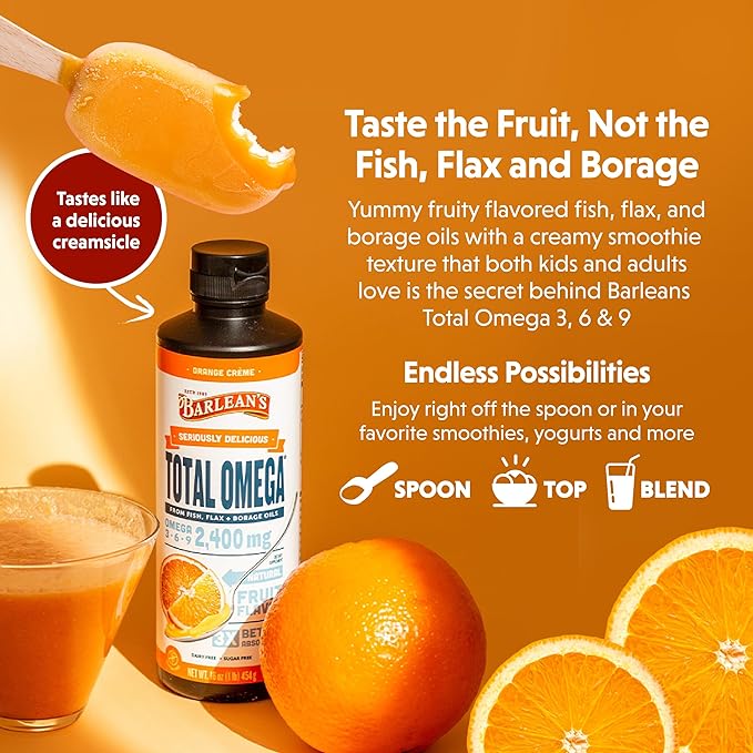 Barlean's Total Omega 3 6 9 Liquid Fish Oil Supplement with Borage and Flaxseed Oil, Orange Crème, 2,400 mg of EPA, DHA and GLA Fatty Acids, 16 oz