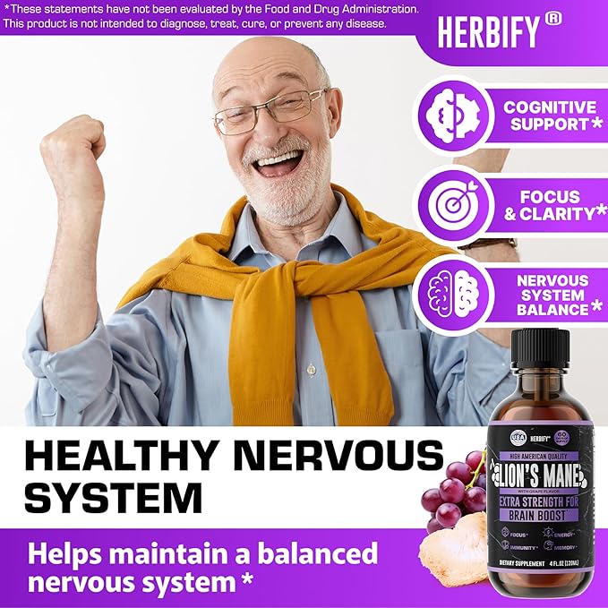 HERBIFY Lions Mane Supplement - Daily Mushroom Supplement for Memory, Focus & Clarity - Brain Booster - Lions Mane Tincture for Immune Support - 4 Fl oz Grape Flavor