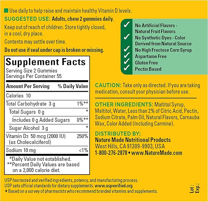 Nature Made Zero Sugar Vitamin D3 Gummies 2000 IU (50 mcg) Per Serving, Bone & Immune Support, Aspartame Free, 110 Vitamin D Gummies, 55 Day Supply