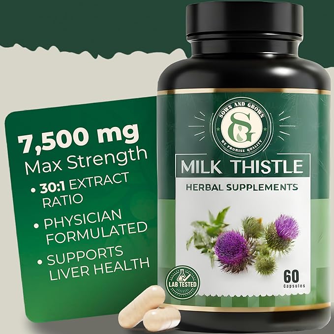 Milk Thistle Supplement 7,500mg – 30X Concentrated Extract with Silymarin – High Potency Liver Detox & Support – 60 Vegan Capsules