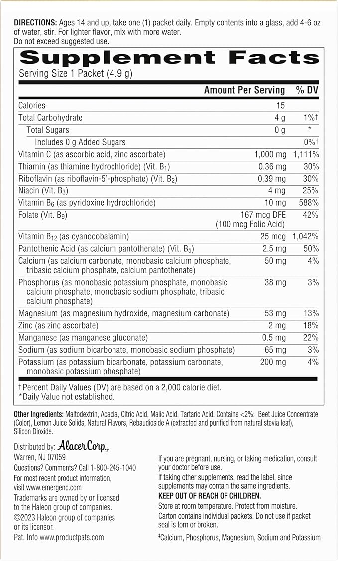 Emergen-C Zero Sugar 1000 mg Vitamin C Powder for Daily Immune Support Caffeine Free Vitamin C Supplements with Zinc & Manganese,B Vitamins&Electrolytes, Raspberry Lemonade Flavor 36 Count(Pack of 2)