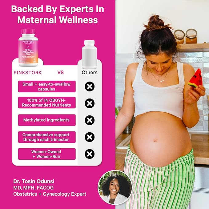 Pink Stork Total Prenatal Vitamins with DHA, Folate, Iron, Choline, and Vitamin B12 - Prenatals for Women to Support Fetal Development, Pregnancy Essentials, Berry Essence, 60 Capsules, 1 Month Supply
