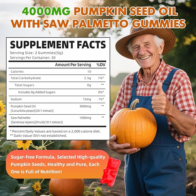 Pumpkin Seed Oil Gummies with Saw Palmetto, Organic Pumpkin Seed Oil Supplement for Hair Growth & Skin Health, High Pure Extract for Women Men, Raspberry Flavor, 60 Count