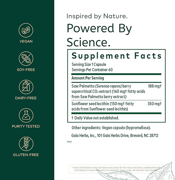 GAIA HERBS PRO Saw Palmetto PRO - Healthy Prostate Gland Support Supplement* - Herbal Supplement with Saw Palmetto & Sunflower Seed - Vegan, Gluten-Free, Soy-Free - 60 Liquid Phyto-Caps (60 Servings)