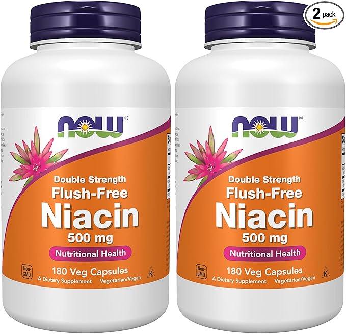 NOW Foods Supplements,Niacin (Vitamin B-3) 500 mg,Flush-Free,Double Strength,Nutritional Health,180 Veg Capsules,(Pack of 2)