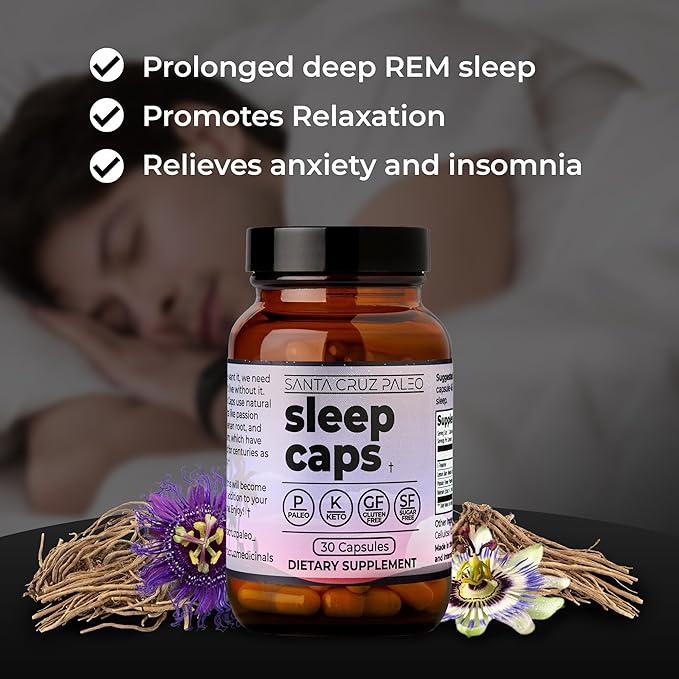 Santa Cruz Paleo Sleep Caps with L-Theanine, Lemon Balm, Passion Flower & Valerian Root, Melatonin-Free Nighttime Relaxation, Paleo & Keto Friendly, Sugar & Gluten Free, 30 Capsules