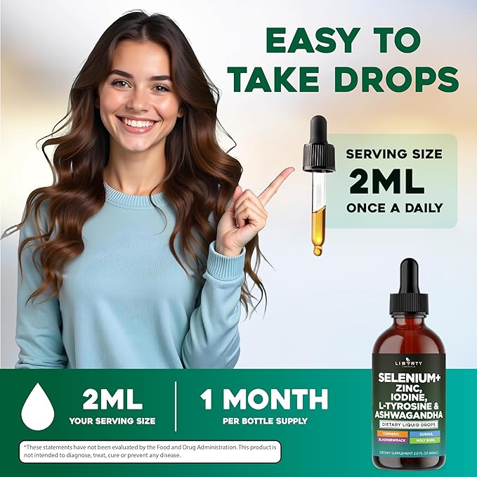 Thyroid Support Drops - Selenium, Zinc, Iodine, L Tyrosine, Ashwagandha, Turmeric, Schisandra Guggul, Cayenne, Basil - Liquid Supplement Folate Copper Alcohol -Free, Vegan, Non-GMO – 2 oz