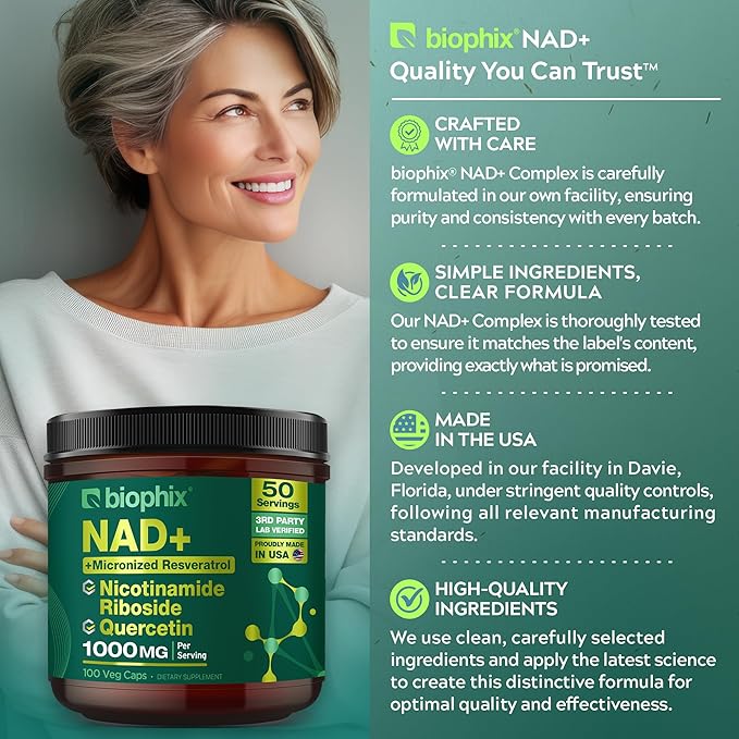 biophix NAD+ Liposomal Supplement for Women & Men - 1000 mg per Serving - Nicotinamide Riboside, Micronized Resveratrol & Quercetin Complex - 100 Veg Capsules - Non-GMO, Gluten-Free, cGMP Certified