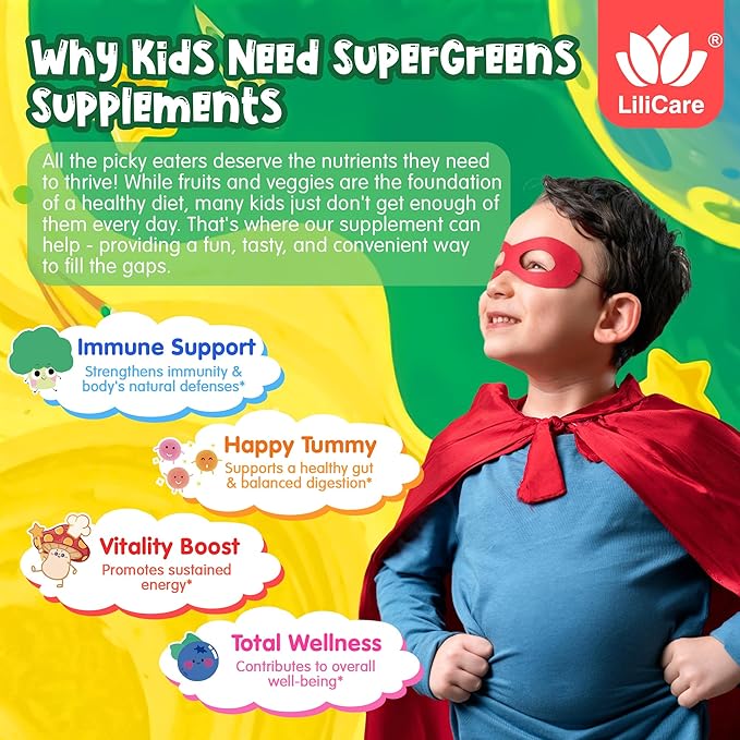 Kids Super Greens Gummies, Superfood Multivitamin for Kids, 30 Veggie, Fruit, Vitamin, Mineral, Probiotic, Kids Vitamin Gummies for Growth, Immunity, Digestion, Picky Eater Approved, Sugar Free 2Pack