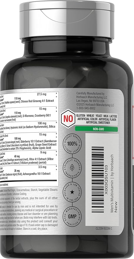 Horbäach Mens Multivitamins 50 Plus | 60 Caplets | with Calcium, Magnesium, Vitamin A, B, C, D & E | 50+ Advanced Formula | Non-GMO & Gluten Free Supplement