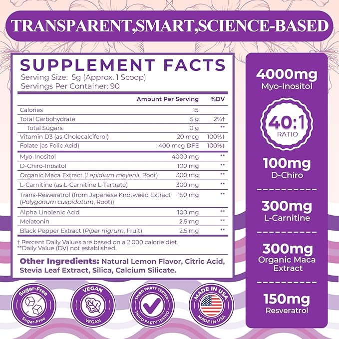Myo-Inositol & D-Chiro Inositol Supplement for Women, 4000mg:100mg Inositol Powder, Fertility Supplements Hormonal Balance for Women Ovarian Health Support, with Folate & Vitamin D, Vegan, 90-Day