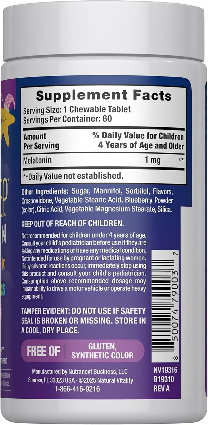 Natural Vitality Kids Calm Sleep Melatonin | 1mg Chewable Tablets | 100% Drug Free | Nighttime Grape Flavored Supplement | 60 Count