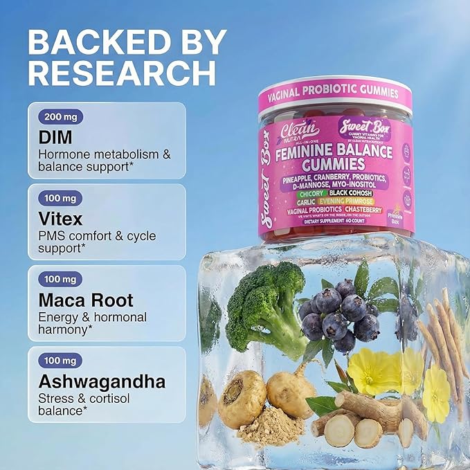 Clean Nutra Feminine Balance Gummies for Women Pineapple VaginalProbiotics pH Balance Cranberry D Mannose Supplement Inositol Black Cohosh Evening Primrose Garlic Vitex GLA Prebiotics Folate 60ct