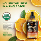 Vitamin D3 K2 USDA Organic Drops - Vitamin D3 10000 IU & K2 as MK-7 120mcg - Immune & Mood Support, Bone & Teeth Health - Sugar-Free Orange Flavor - Liquid Supplement - Made in USA - 4 FL OZ, 120 Days