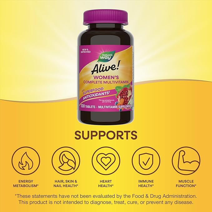 Nature's Way Alive! Daily Complete Multivitamin for Women, Supports Energy Metabolism, Hair, Skin & Nails*, B-Vitamins, Superfood Antioxidants, 130 Tablets (Packaging May Vary)