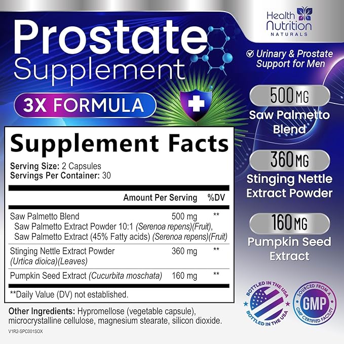 Prostate Health Supplements for Men - 3X Strength with Saw Palmetto Blend Stinging Nettle Root & Pumpkin Seed Support Complex - Supports Bathroom Trips Prostate & Urinary Health - 60 Capsules