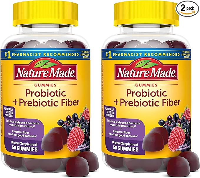 Nature Made Probiotic + Prebiotic Fiber Gummies for Daily Gut Health,Fiber Supplement with Probiotics for Digestive Health Support,50 Gummies,25 Day Supply,(Pack of 2)