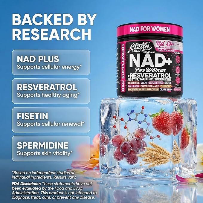 NAD+ Resveratrol Supplement for Women NAD Turmeric Vitamin C Acai Pomegranate Collagen Peptides Nicotinamide Riboside Fisetin Vitamin E Polygonum Multiflorum Berberine 90 Capsules by Clean Nutra