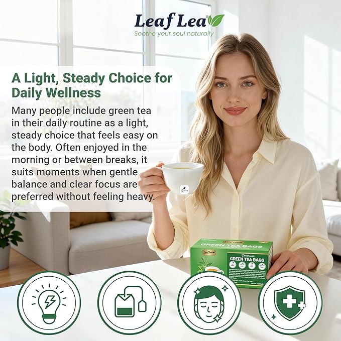 LeafLea 40 Green Tea Bags, 100% Natural & Pure from Green Tea Leaves, Smooth & Refreshing, Everyday Wellness with Natural Caffeine Content, Sugar-Free, Non-GMO, Individually Wrapped for Freshness