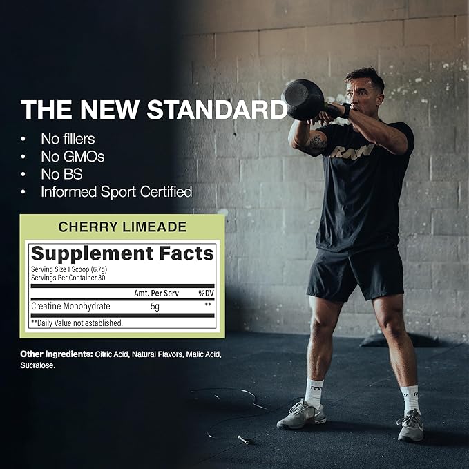 RAW Nutrition Creatine Monohydrate Powder, Cherry Limeade (30 Servings) - Micronized Creatine Monohydrate Supplement for Workout Performance, Build Muscle & Strength - Creatine Powder for Men & Women