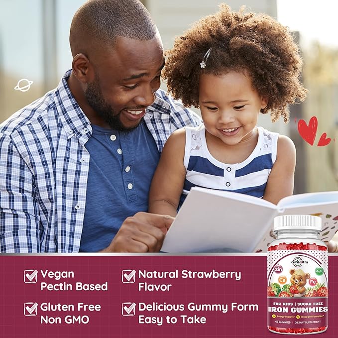Iron Supplement Gummies for Kids - with Calcium, Zinc, Kids Multivitamin with Iron Gummies - Immune Support, Blood Builder & Energy Support for Iron Deficiency, Anemia, Vegan - 60 Count