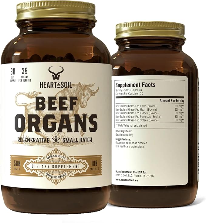 HEART & SOIL – 100% Grass Fed & Finished Beef Organs from Regenerative Cattle with Liver, Heart, Kidney, Pancreas & Spleen – 3000mg Beef Organ Supplement for Women & Men – Glass Bottle – 180 Capsules