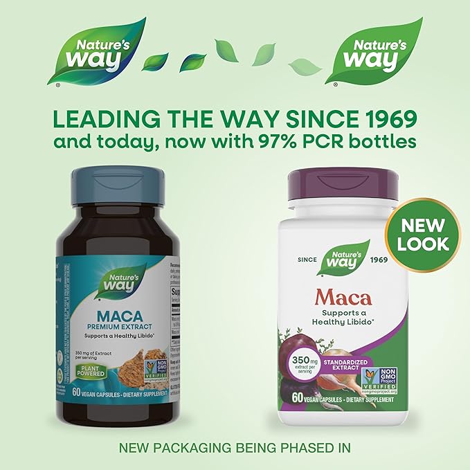 Nature's Way Maca Standardized Extract, Supports a Healthy Libido*, Standardized to 0.6% Glucosinolates, Non-GMO Project Verified, 60 Vegan Capsules (Packaging May Vary)