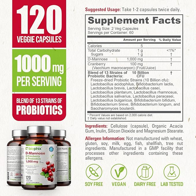 biophix D-Mannose Plus Cranberry Probiotics 1000 mg 120 Vcaps - Free Vitamin C-1000 30 Tablets - Supports Urinary Bladder Tract Health and Digestive Well Being